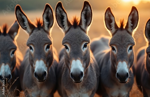 Group donkeys stand at sunset, looking straight. Domesticated grey herd at farm. AI illustration of mammals at countryside. Ears, eyes, noses, portraits, closeup. Animals in rural area.