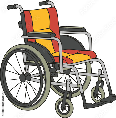 Illustration of a Manual Wheelchair with Red and Yellow Seat, Isolated on White.