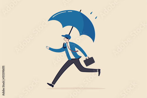 Insurance and protection, safety and security or business shielding or shelter to protect in economic crisis concept, confidence businessman entrepreneur wearing hat with strong umbrella running safe.