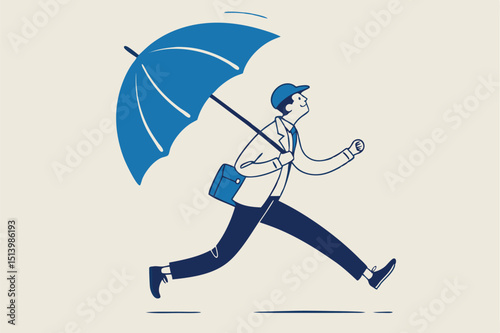 Insurance and protection, safety and security or business shielding or shelter to protect in economic crisis concept, confidence businessman entrepreneur wearing hat with strong umbrella running safe.