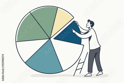 Investment asset allocation and rebalance concept, businessman investor or financial planner standing on ladder to arrange pie chart as rebalancing investment portfolio to suitable for risk and return