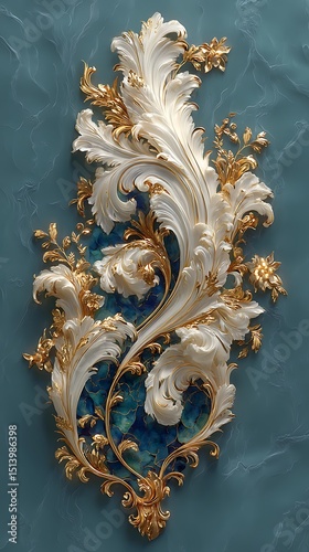 Detailed gold and ivory flower motif artwork high resolution photo