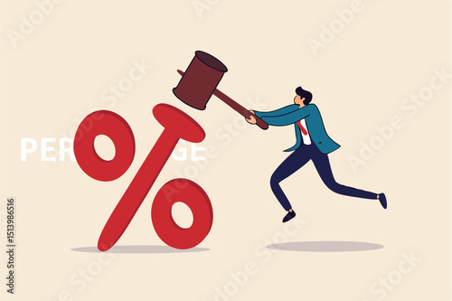 Federal Reserve low interest rate or central bank with long time zero percent interest rate until economic recover concept, businessman FED leader using hammer to nailed percentage sign to the floor.