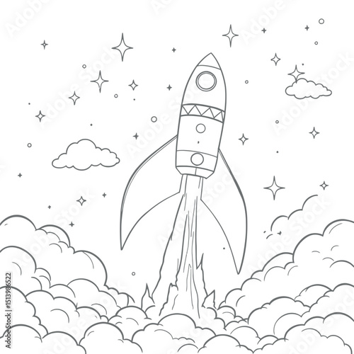 A Rocket Ship Launching Through Clouds Coloring Page for Creative Minds