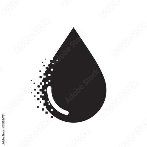 Digital water drop icon with pixelated dispersion effect  on a transparent background icon