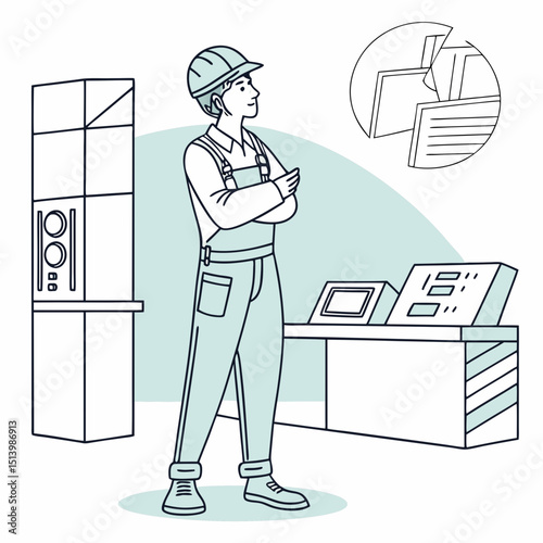 Engineer standing with arms crossed next to control panel in workspace  