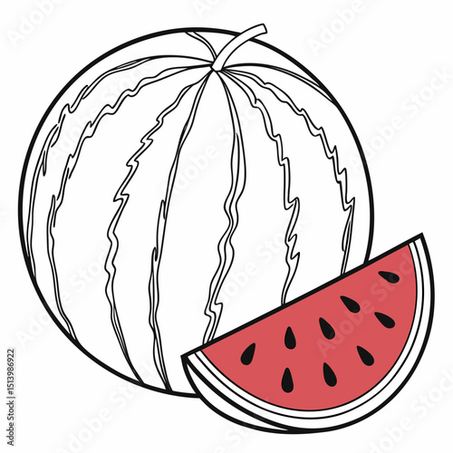 Watermelon with slice showing red flesh and black seeds  