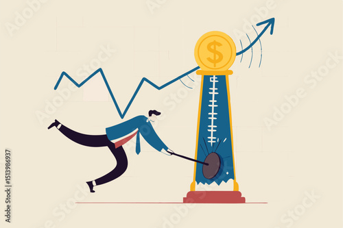 Investment asset price hit all time high, market rising, stock, crypto currency or gold price rally concept, businessman investor with hammer hit hard on strength tester to reach it top new high graph