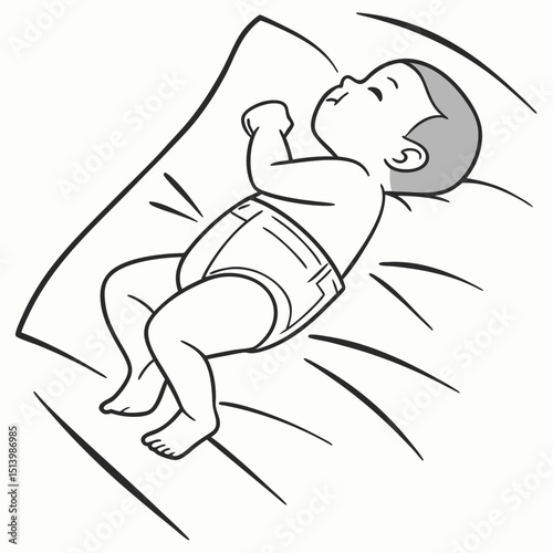 Baby lying on back in a diaper on a soft bed sheet
