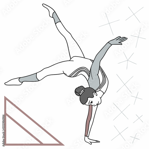 Female gymnast performing a handstand with geometric shapes in background  
