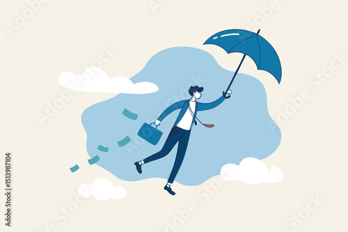 Success businessman get rich, office worker achieve financial independence and quit routine job concept, happy wealthy businessman flying with his umbrella holding briefcase with money banknote.