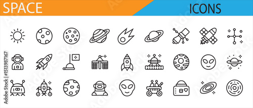  Collection of Space-related Icons Featuring Planets, Rockets, Telescopes, and Cosmic Elements for Astronomy and Exploration