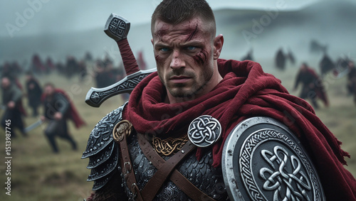 A tall warrior with intricate Celtic armour and flowing cloak emerges from the smoky chaos of a medieval battlefield, the Norse-Gaelic clans of Ireland and Scotland