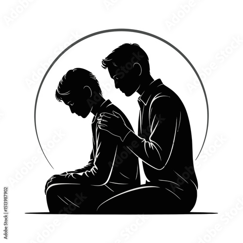 Two silhouetted figures sit closely together, with one gently placing a hand on the other's shoulder, suggesting comfort and support.