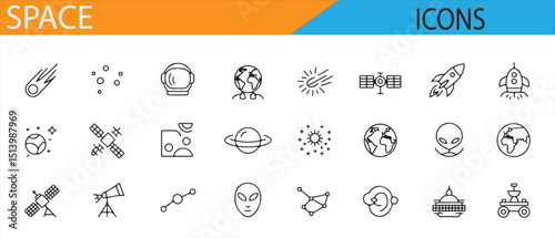 Icon Set of Space and Celestial Objects for Astronomy, Rockets, and Space Missions