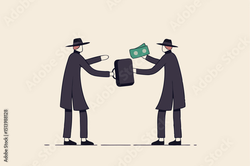 Fraudulent business, bribery, cheat and corruption or hacker who steal data and sell it on dark web concept, anonymous criminal guy with a lot of money buying stolen thing from other suspicious thief.