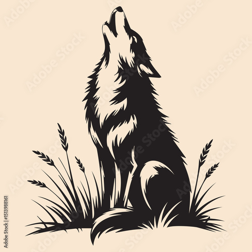 Majestic Howling Wolf Silhouette with Wild Grass for Nature and Wildlife Designs