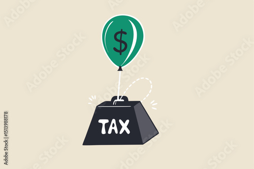 Tax burden, taxation problem for wealth accumulation concept, green balloon with dollar money sign cannot rising up cause of heavy tax burden.