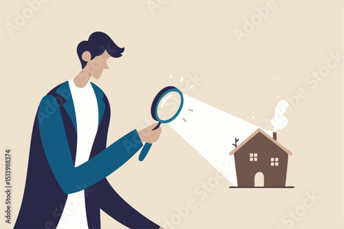 Searching for new house, look for real estate and accommodation valuation or new rent and mortgage concept, smart businessman using magnifying glass zooming to see house or residential details.