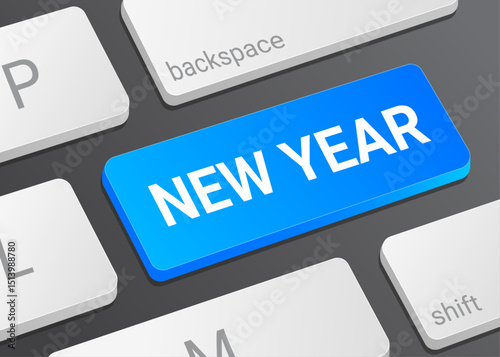 Close up New Year Button on Laptop or Computer Keyboard for Celebration Holiday Party Digital Interface Concept 3D Illustration