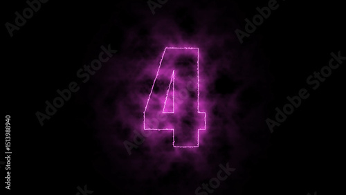 Glowing Number Four with Purple Neon Outline Surrounded by a Misty Dark Background