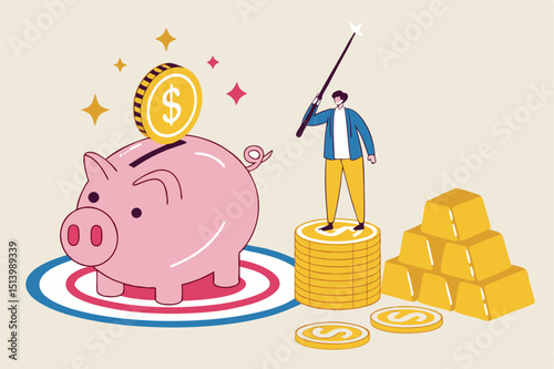 Financial goal or target, success in saving and investment or achieve finance independence concept, happy businessman investor holding arrow on stack of coins with piggy bank on bullseye dartboard.