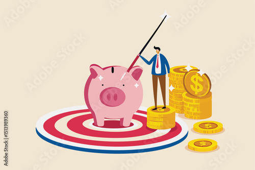Financial goal or target, success in saving and investment or achieve finance independence concept, happy businessman investor holding arrow on stack of coins with piggy bank on bullseye dartboard.