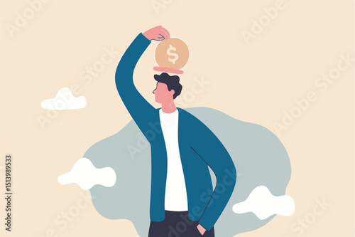 Pay yourself first, invest in yourself, take money for personal savings before pay for debt or buy and spending concept, smart young adult man putting money dollar coins into piggy bank on his head.