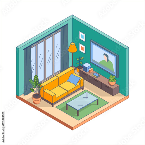 Cartoon Color Drawing Room Interior Inside Concept with Tv and Sofa 3d Isometric View Line Elements. Vector illustration