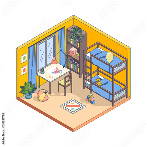 Cartoon Color Kid Room Interior Inside Concept with Bookshelves, Table and Bed 3d Isometric View Line Elements. Vector illustration