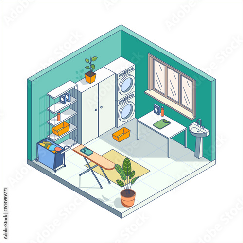 Cartoon Color Laundry Room Interior Inside Concept with Washing Machine 3d Isometric View Line Elements. Vector illustration