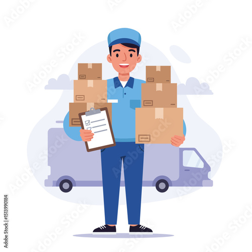Delivery van driver with parcels flat character. Courier, postman, deliveryman holding cardboard boxes and order receipt isolated cartoon illustration on white background.