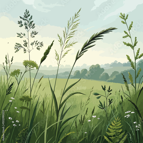 Serene Summer Meadow A Vibrant Illustration of Wild Grasses and Flowers