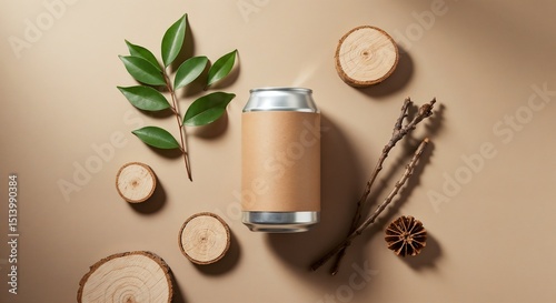 Wallpaper Mural Flat lay mockup of eco-friendly recyclable drink can with kraft paper label wrap, natural and sustainable vibe, placed with leaves and twigs on soft daylight background, editorial lifestyle aesthetic  Torontodigital.ca