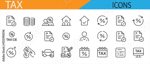 Tax Icons for Business and Finance Solutions Including Taxes, Calculation, and Documentation