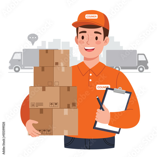 Delivery van driver with parcels flat character. Courier, postman, deliveryman holding cardboard boxes and order receipt isolated cartoon illustration on white background.