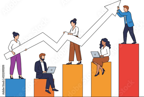 Business Success Concept. Vector cartoon illustration of a group of diverse people in business suits working on improving a financial chart by moving the arrow