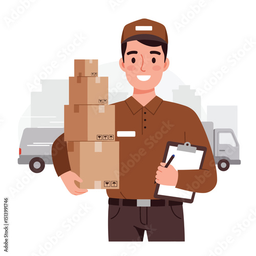 Delivery van driver with parcels flat character. Courier, postman, deliveryman holding cardboard boxes and order receipt isolated cartoon illustration on white background.