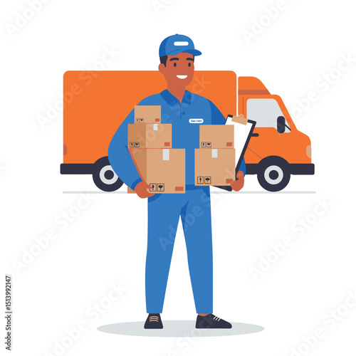 Delivery van driver with parcels flat character. Courier, postman, deliveryman holding cardboard boxes and order receipt isolated cartoon illustration on white background.