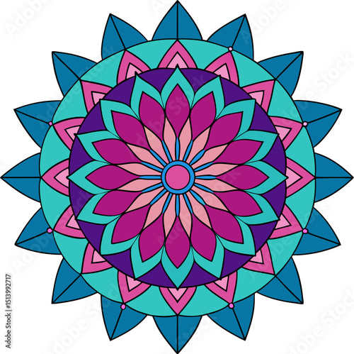 Modern spiritual mandala in calm yet rich tones with symmetrical floral patterns and ornamental detail