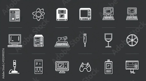 Retro technology icons.  A collection of vintage computer and electronics icons, including monitors, computers, peripherals, and more