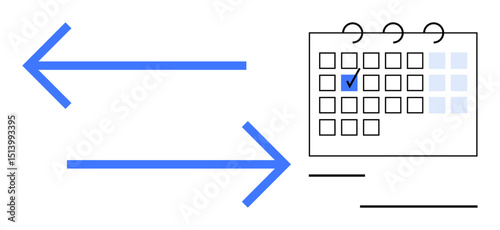 Blue arrows point to a calendar with a marked date, suggesting scheduling, planning, task direction, and efficiency. Ideal for time management, productivity, deadlines, workflow coordination
