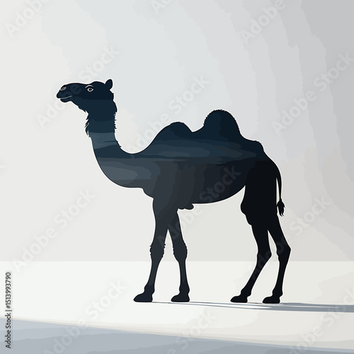 "Artistic Silhouette of a Camel with Desert Landscape Overlay"