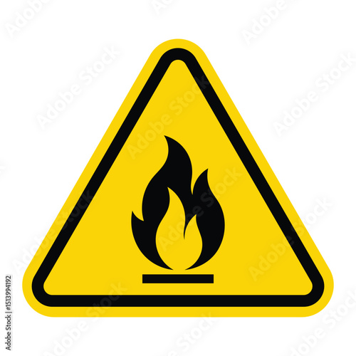 Fire hazard warning sign vector illustration. Flammable material danger symbol, safety alert icon, yellow triangle with black flame, isolated on white background.