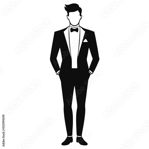 Silhouette of a man in a tuxedo with bow tie and handkerchief