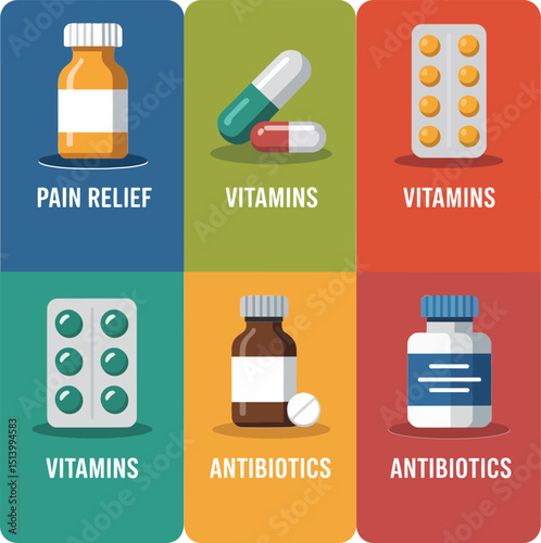 Colorful Flat Design of Medications: Pain Relief, Vitamins, and Antibiotics in Isolated Capsules.