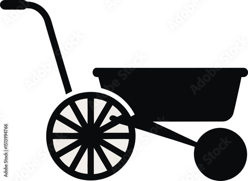 Black and white vector illustration of a two-wheeled wheelbarrow for gardening purposes.