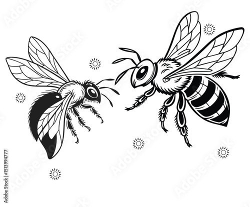 Buzzing Encounter: Two detailed illustration of Bees showcasing intricate wings and bodies, as they dance across a pollen-filled breeze.