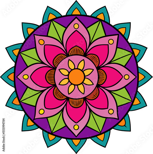 Artistic spiritual mandala featuring floral composition with detailed ethnic symmetry in vibrant contrast