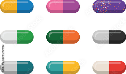 Assorted Colorful Pill Capsules Illustration on White Background: Medicine, Health, Pharmacy